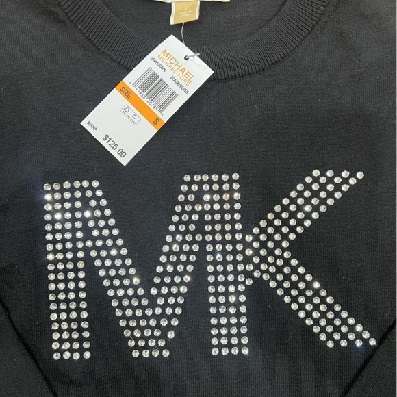 Michael Kors Black Crewneck Sweater with Silver Studded Rhinestone MK Logo Small - Picture 3 of 7